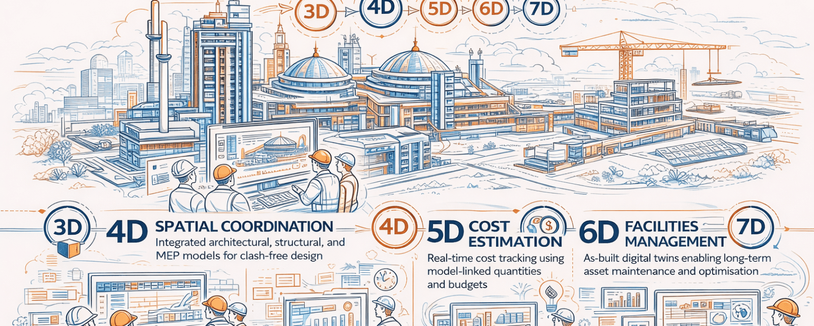 BIM Syncro delivers comprehensive 3D, 4D, 5D, 6D &amp; 7D BIM modelling across the full project lifecycle—integrating design, scheduling, cost, sustainability, and asset management through digital twin technology.